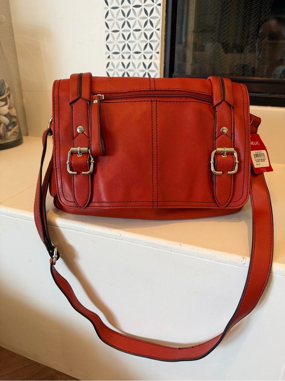 Relic Bleeker Mesngr Burnt Orange Buckle Crossbody Bag- vegan leather
